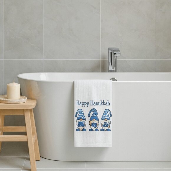 Happy Hanukkah Blue Gnomes Chanukah Menorah Kitchen Towel 18x26" Decor Gift - Picture 4 of 5